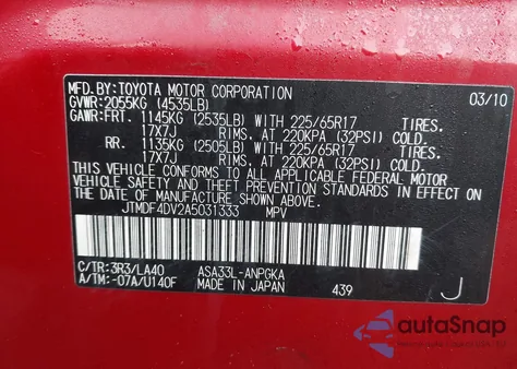 2010 Toyota Rav4 Limited z USA, uszkodzony, nr VIN JTMDF4DV2A5031333